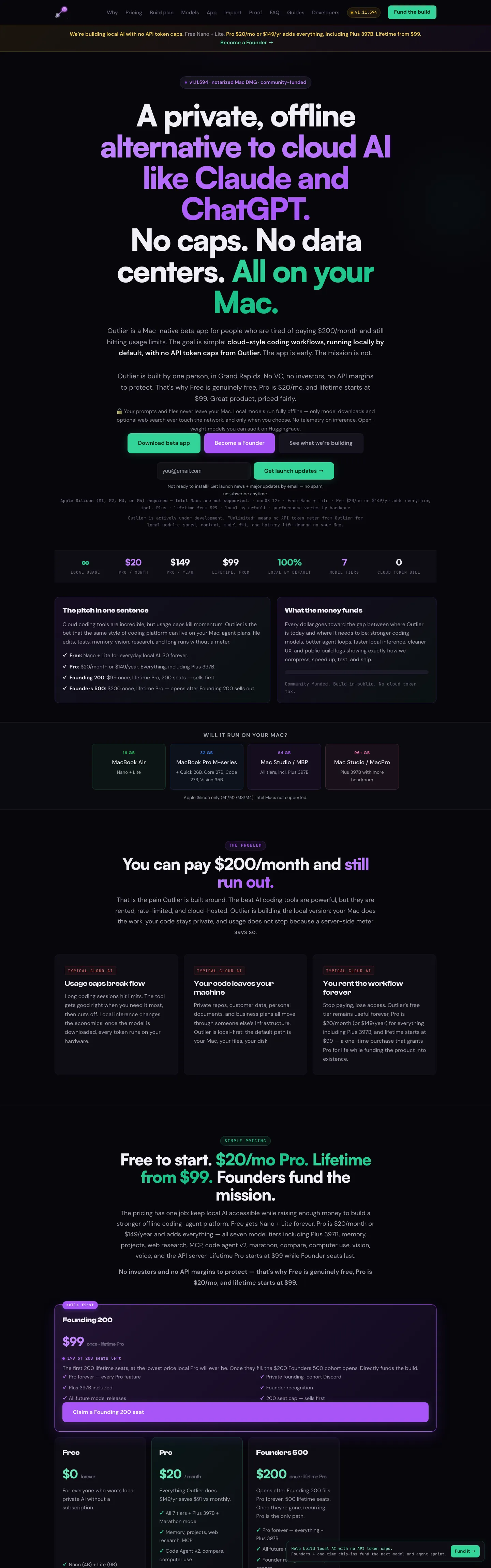 Outlier — full landing page for private offline AI on macOS
