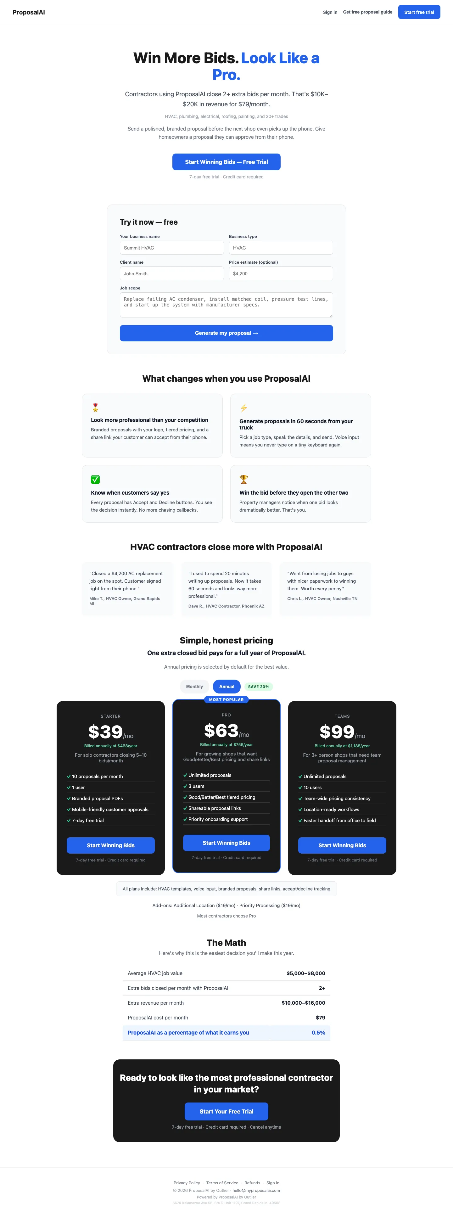 ProposalAI — full landing page for AI contractor proposal software